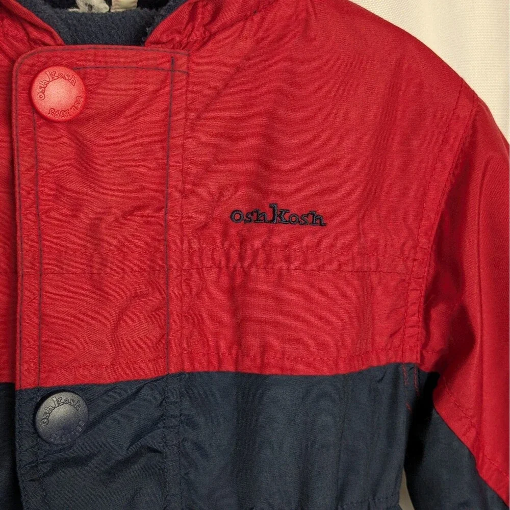 Vtg Oshkosh Reversible Fleece Puffer Red Blue Snap/Zip Up Hooded Jacket Boys 2T